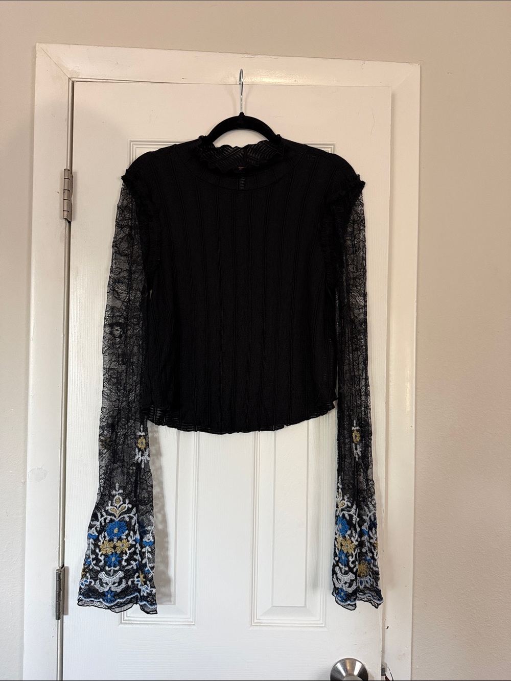 Free People Black Ribbed Top with Sheer Lace Sleeves and Blue-Gold Embroidery